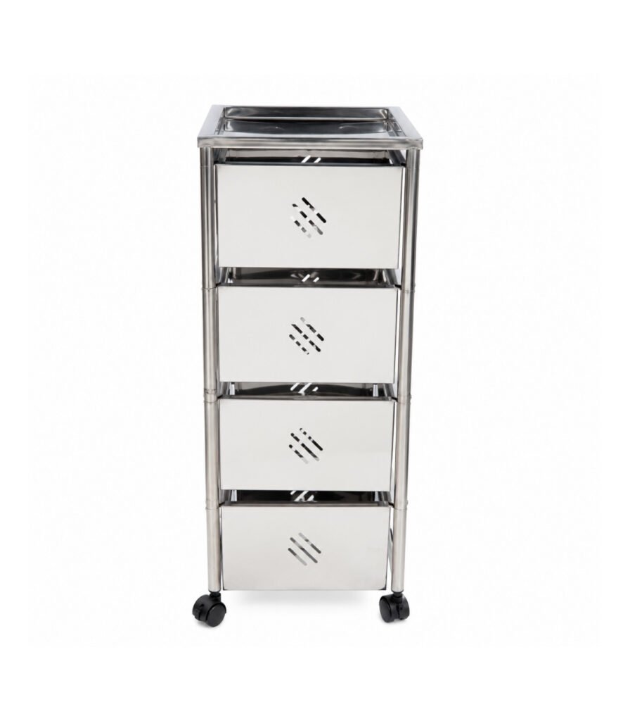 SKB Brand 4 Layer Stainless Steel Boxed Vegetable Rack for kitchen storage Durable 4 tier stainless steel boxed vegetable rack by SKB Brand SKB 4 layer stainless steel rack filled with fresh vegetables and fruits Premium stainless steel mesh boxed basket design of SKB 4 layer vegetable rack Dimensions and structure of SKB 4 layer stainless steel kitchen organizer rack