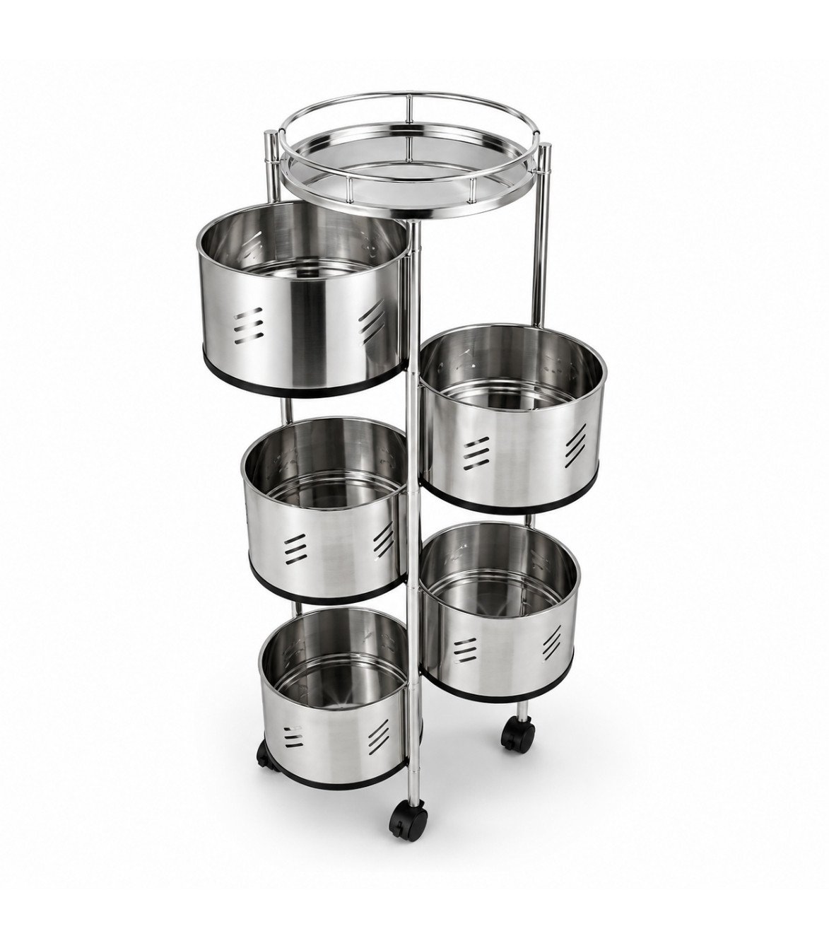 SKB Stainless Steel Vegetable Rack Round 4 and 5 Layer SKB 4 Layer Round Stainless Steel Vegetable Rack SKB 5 Layer Round Stainless Steel Vegetable Rack SKB Vegetable Rack 360 Degree Caster Wheels SKB Stainless Steel Kitchen Storage Trolley with Wheels