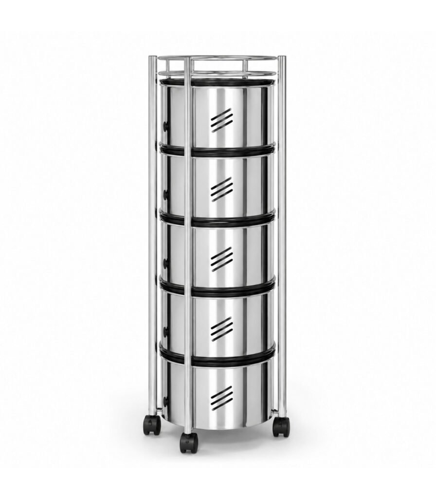 SKB Stainless Steel Vegetable Rack Round 4 and 5 Layer SKB 4 Layer Round Stainless Steel Vegetable Rack SKB 5 Layer Round Stainless Steel Vegetable Rack SKB Vegetable Rack 360 Degree Caster Wheels SKB Stainless Steel Kitchen Storage Trolley with Wheels